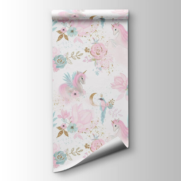 Pattern of pink and blue unicorns and flowers