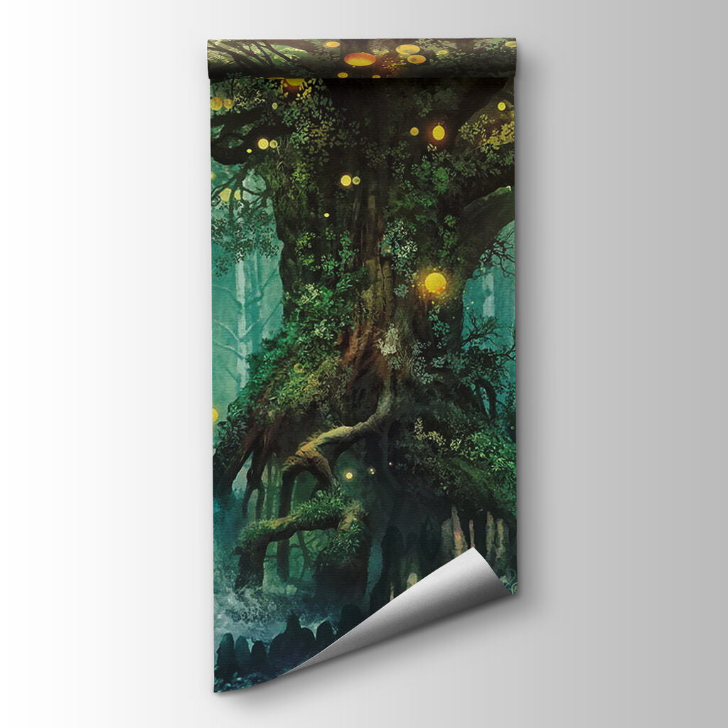 Painting of a tree with lights on it