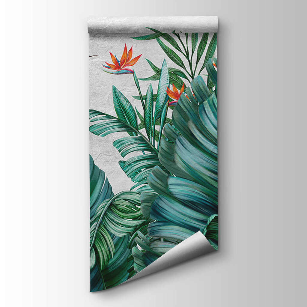 Tropical foliage with vibrant flowers
