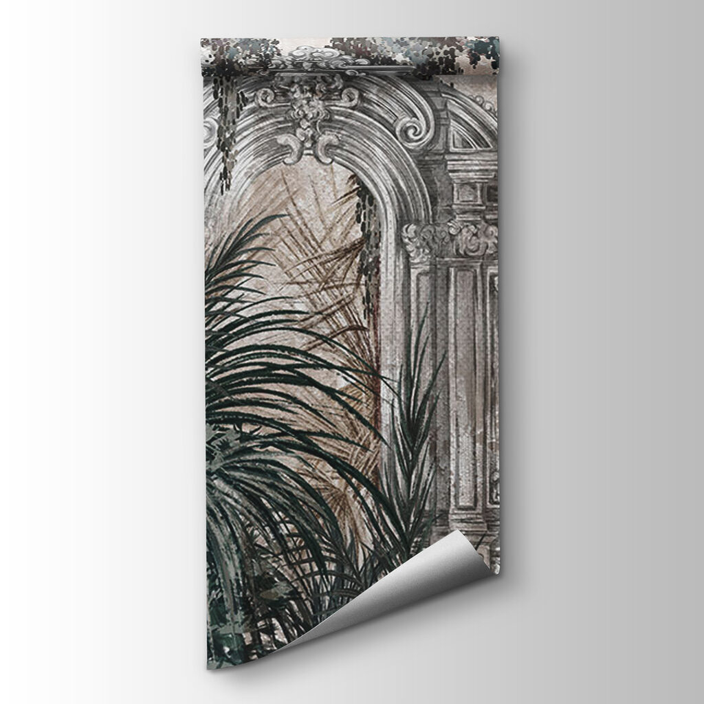 Painting of a stone arch with plants