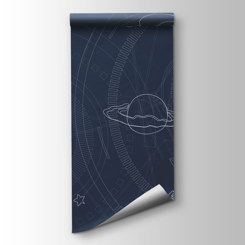 Blue and white background with planets and stars