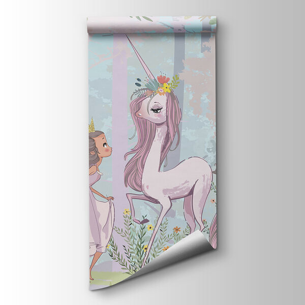 A cartoon of a girl and a unicorn in a forest