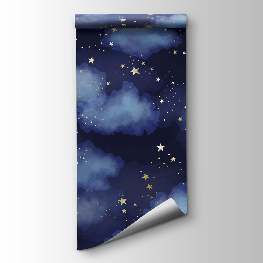A blue sky with clouds and stars