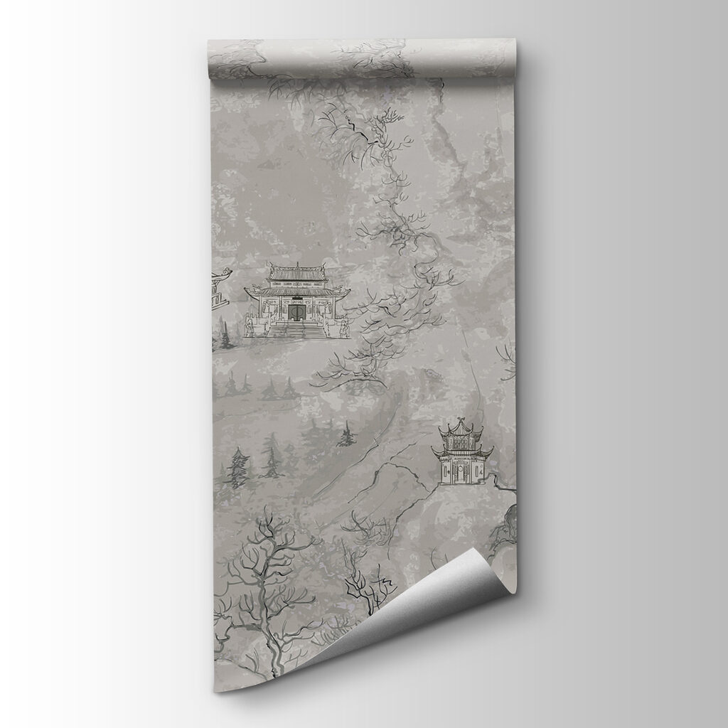 A painting of buildings on a mountain