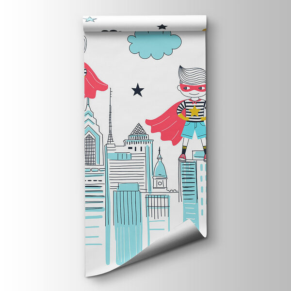 A cartoon of a superhero on a city A cartoon of a superhero on a city