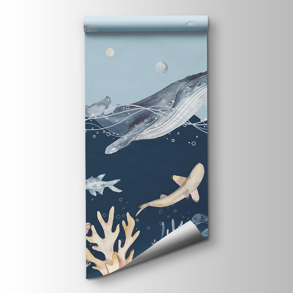 A watercolor of a whale and fish