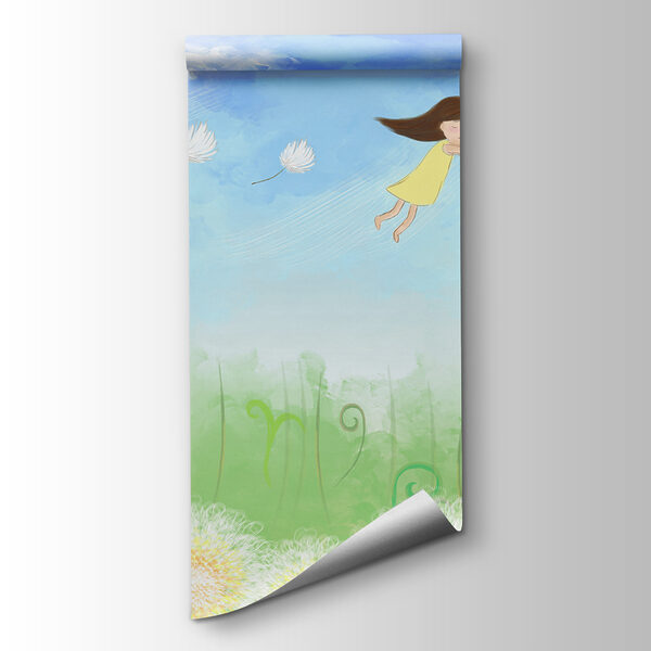 A girl flying on a dandelion