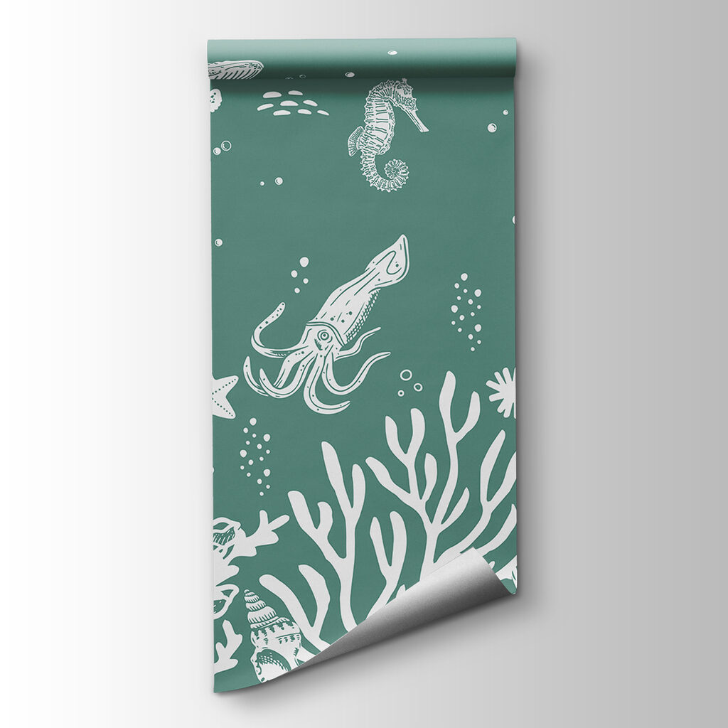 A white outline of sea animals