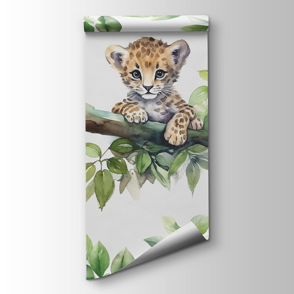 A watercolor of a baby leopard on a tree branch