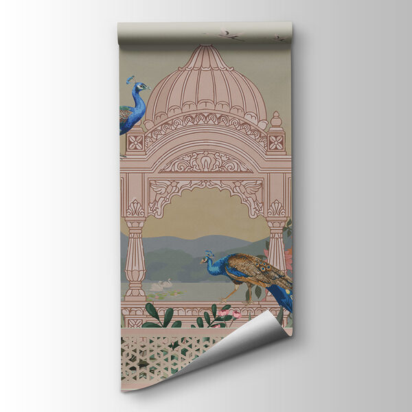 Mural of a building with a roof and birds Mural of a building with a roof and birds