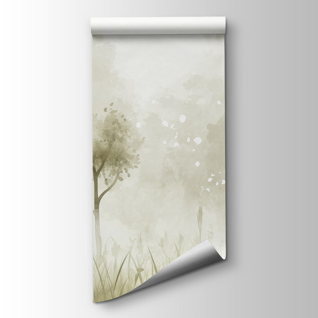 Foggy landscape with trees and grass