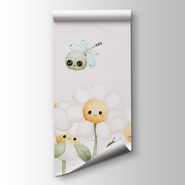 Group of cartoon bugs and flowers