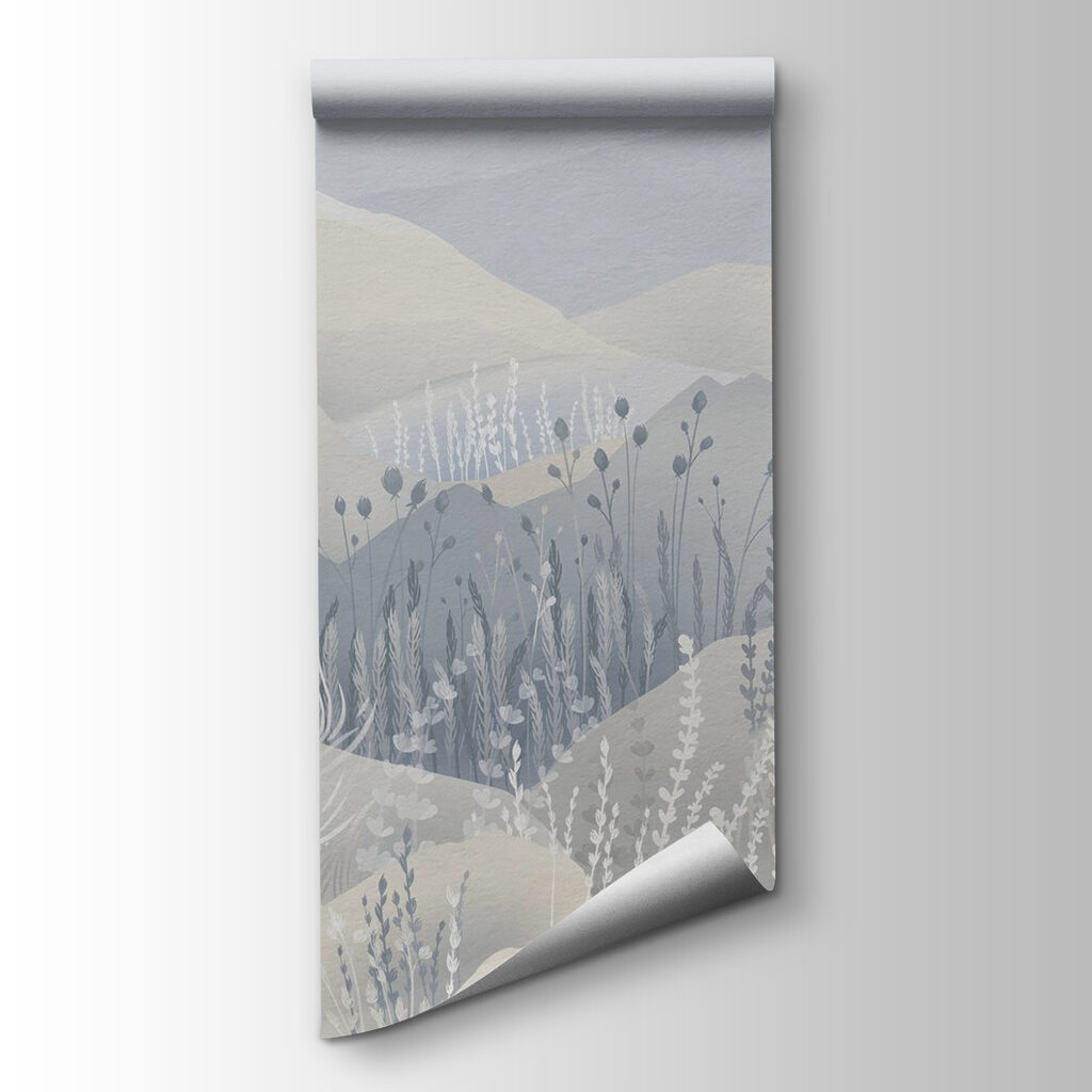 Painting of a landscape with mountains and grass
