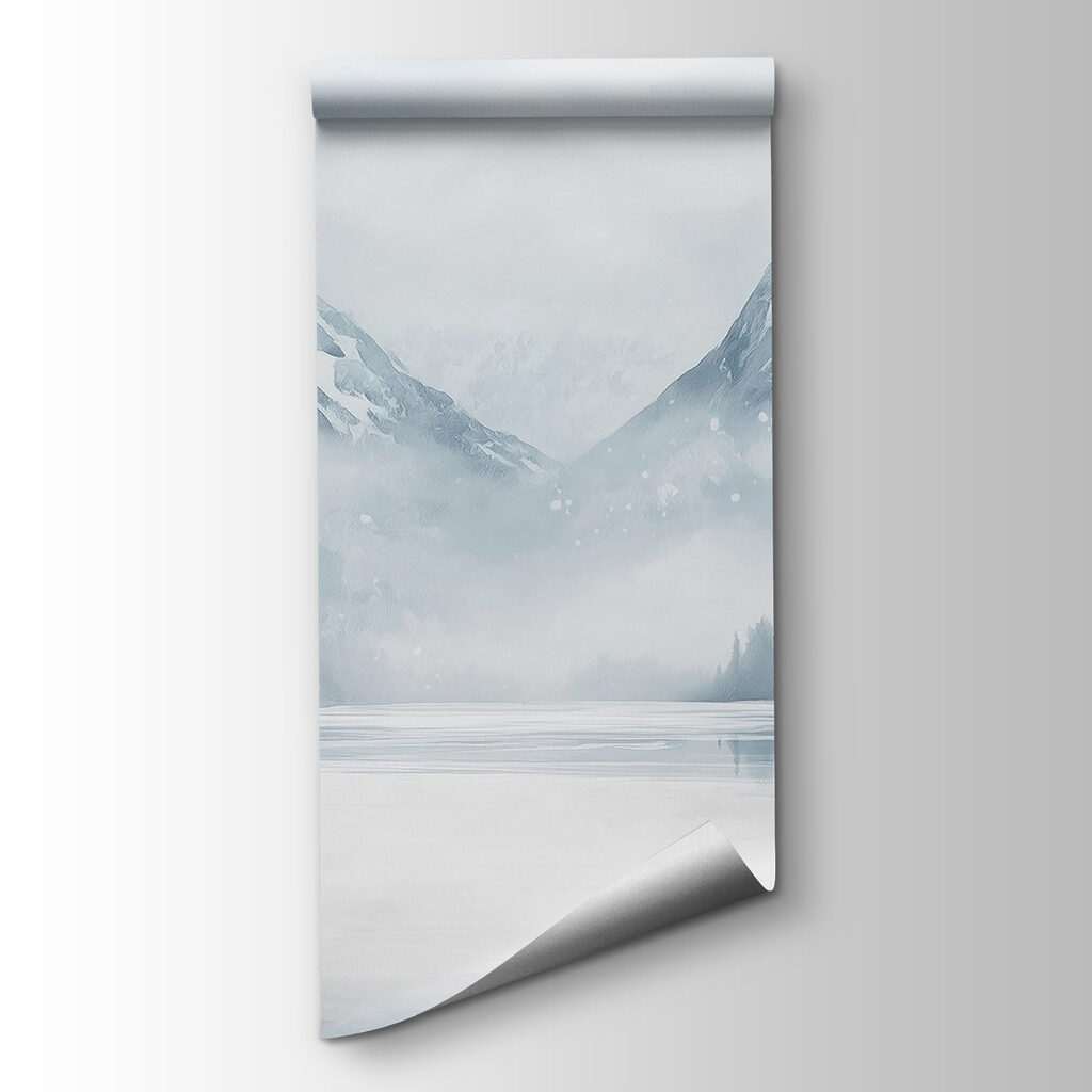 Snowy landscape with a lake and mountains