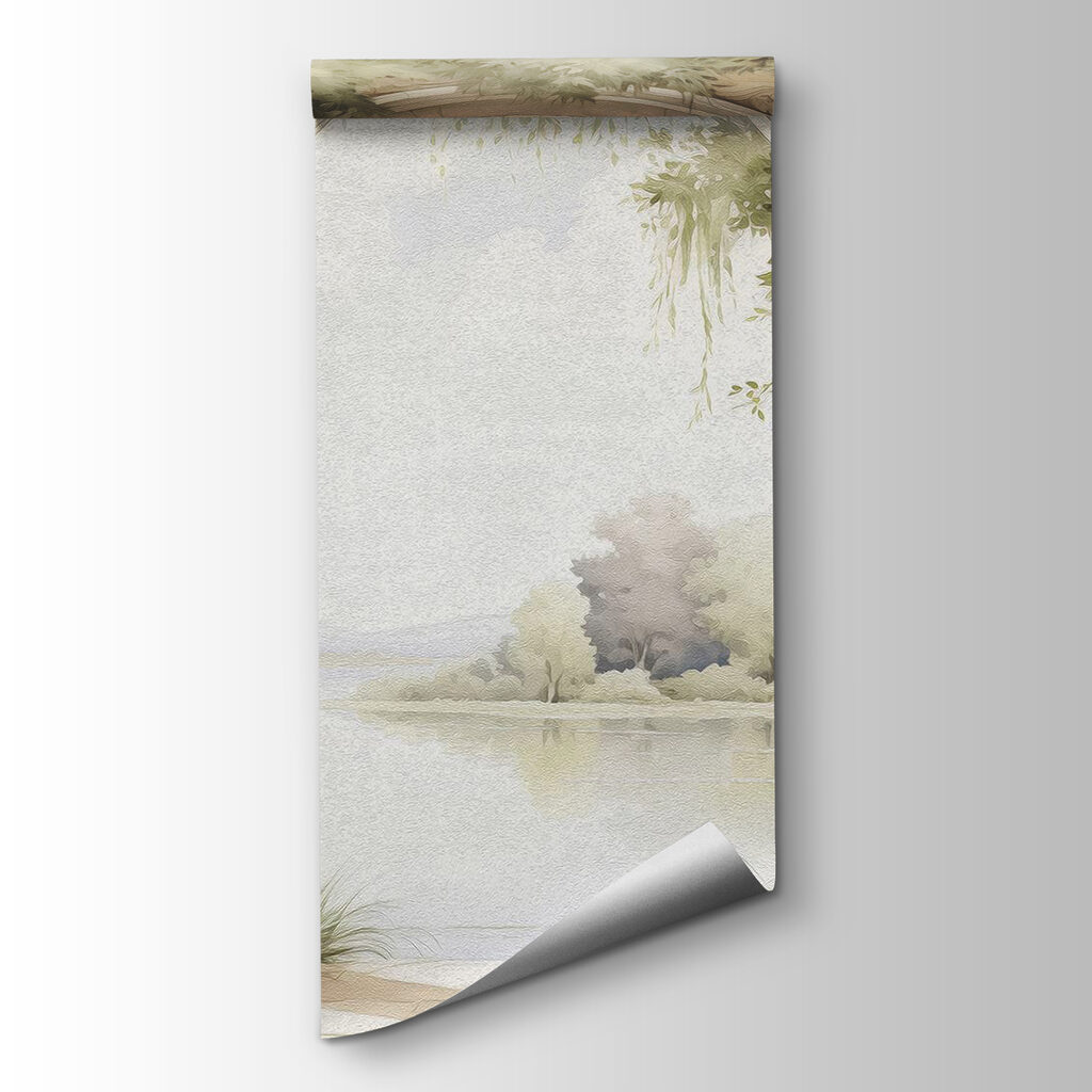 Watercolor painting of a stone archway with trees and a lake