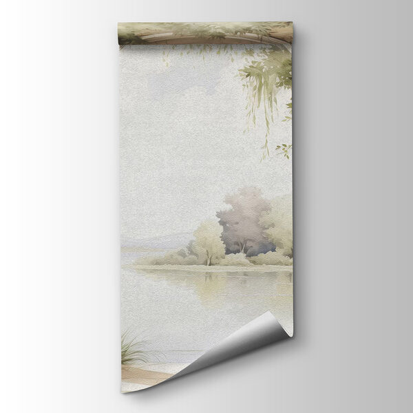 Watercolor painting of a stone archway with trees and a lake