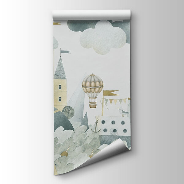 Watercolor painting of a castle and hot air balloons
