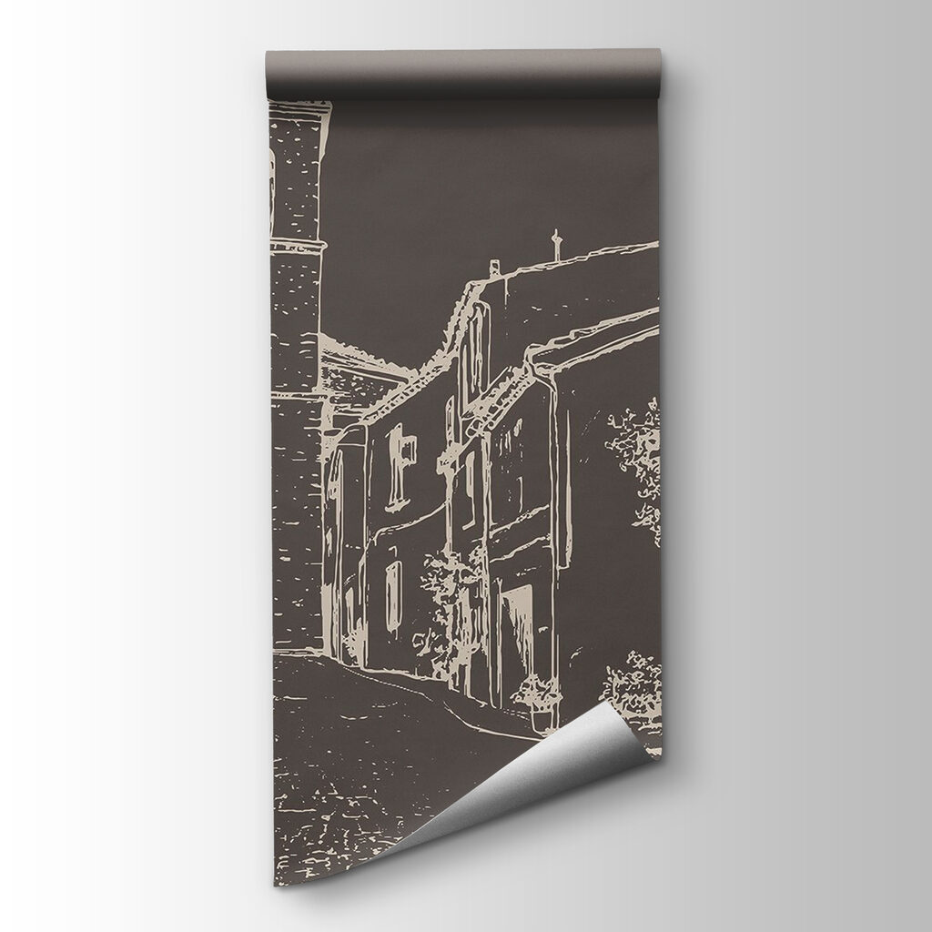 Drawing of a street with buildings and a bell tower
