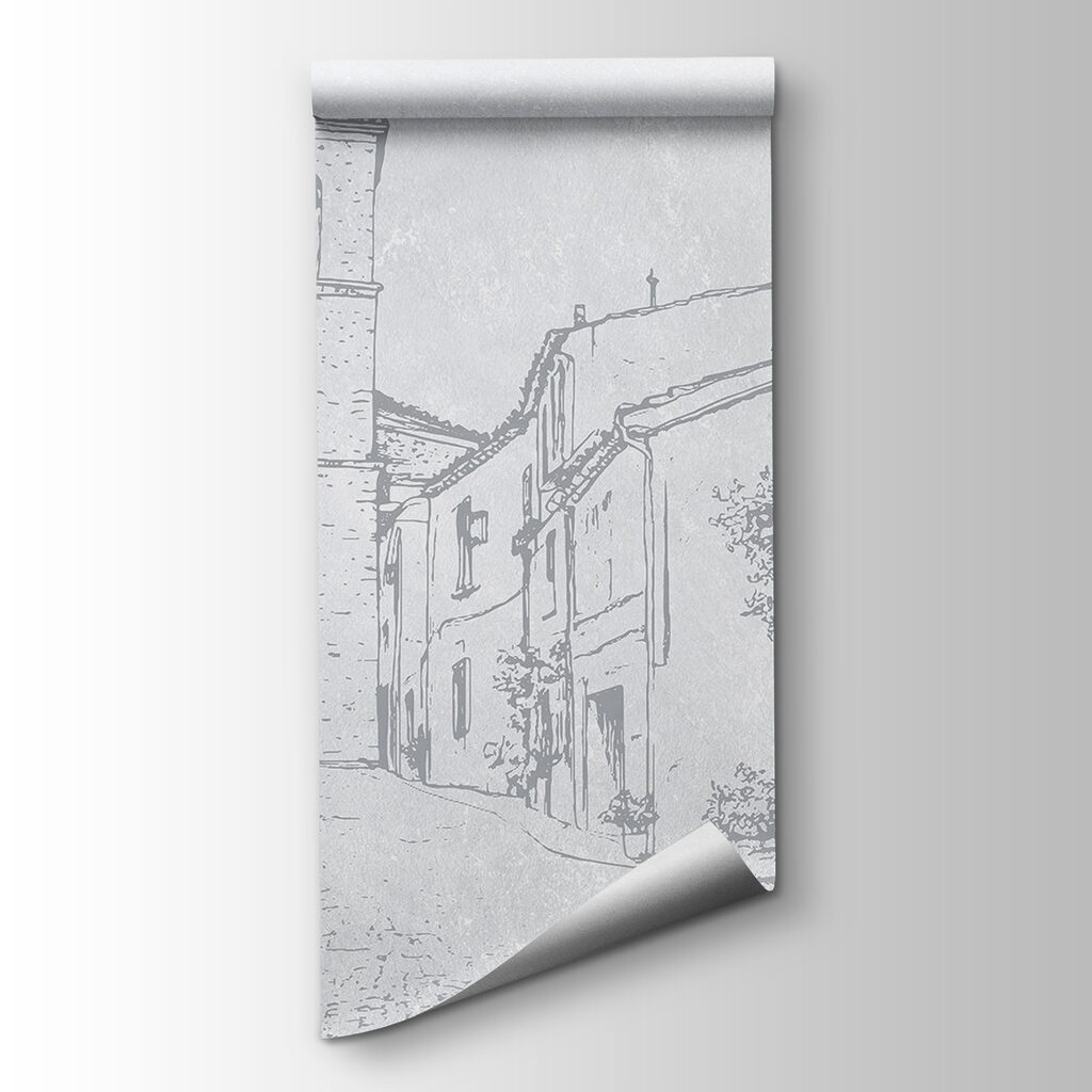 Drawing of a street with a bell tower