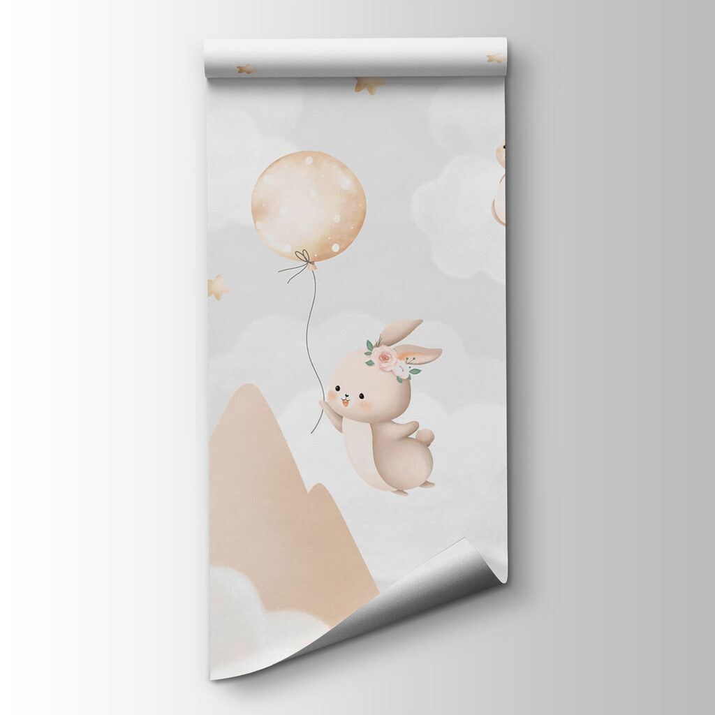 Group of bunnies flying with balloons in the sky