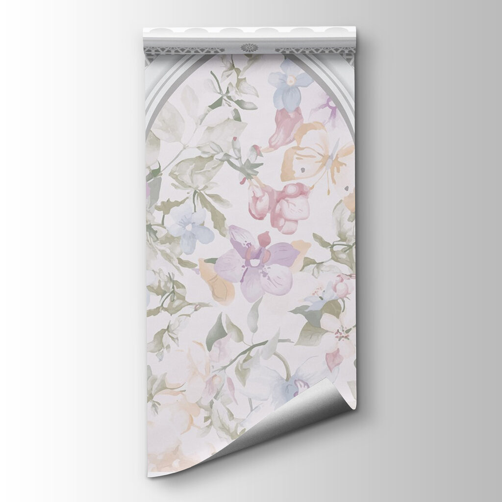 Wallpaper with flowers and arches