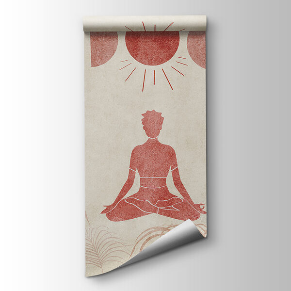 Person sitting in a lotus position with a sun and palm trees