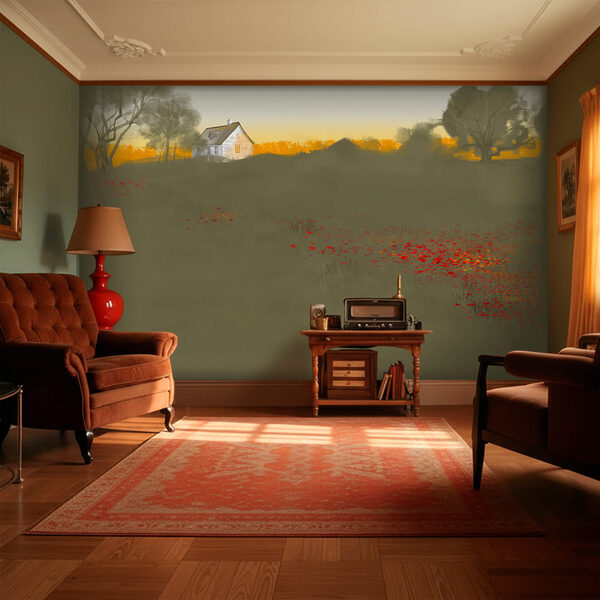 Fotomurales Fotomurales Campo de flores rojas con una casa al fondo (SKU: t00525)