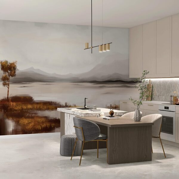 Paisaje de un lago con montañas al fondo