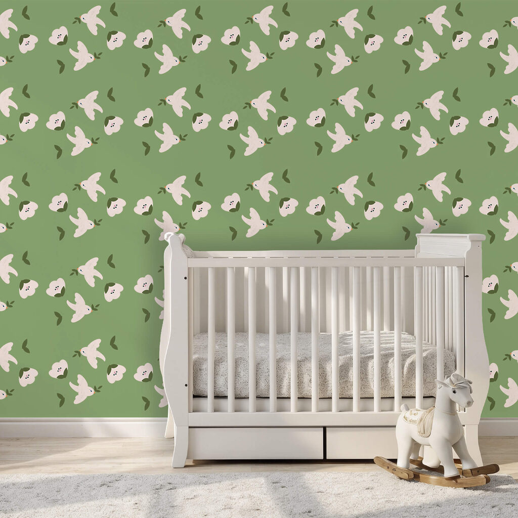 Patrón de pájaros blancos y hojas verdes Patrón de pájaros blancos y hojas verdes