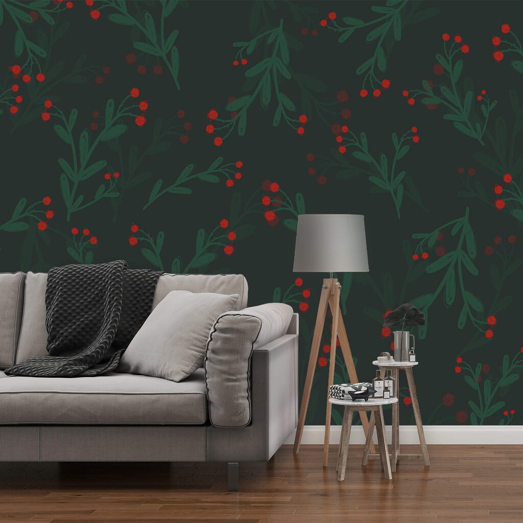 Patrón de flores y hojas rojas