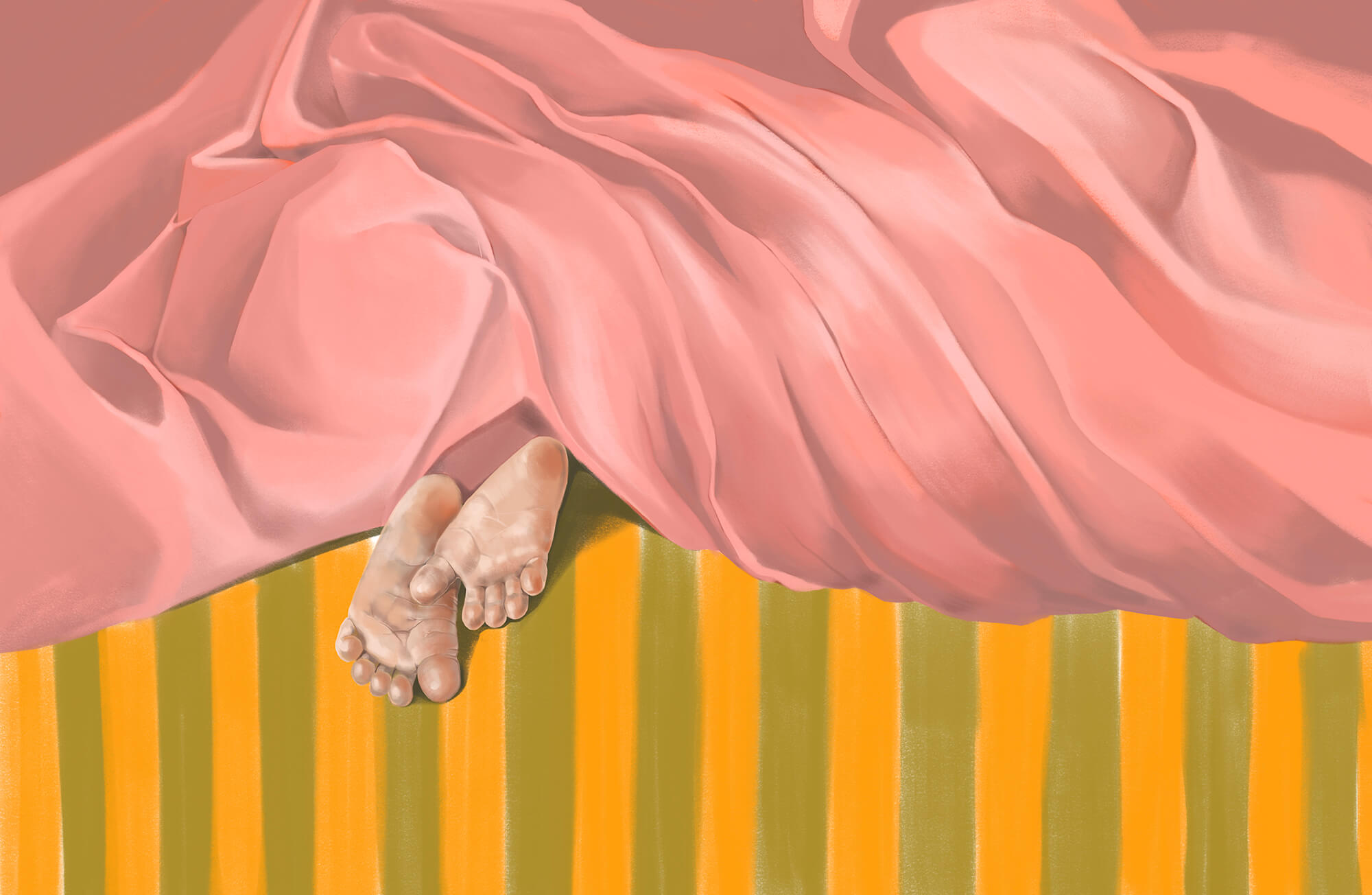 Pair of feet under a pink blanket