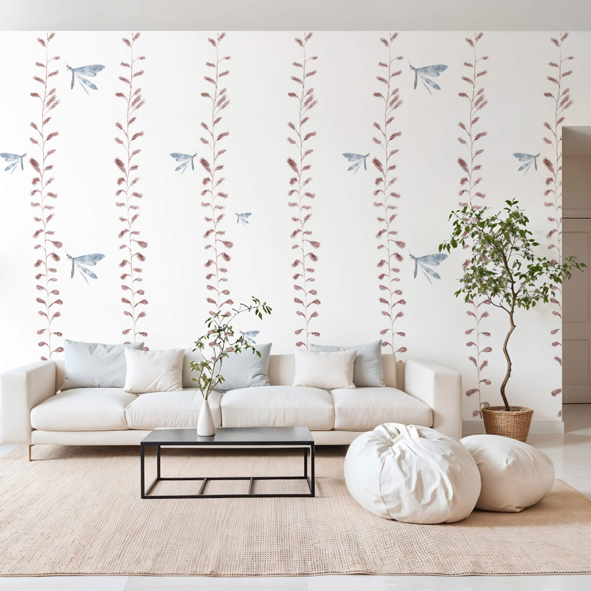 Papel pintado con libélulas y hojas