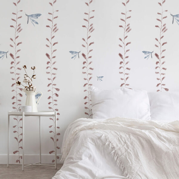 Papel pintado con libélulas y hojas