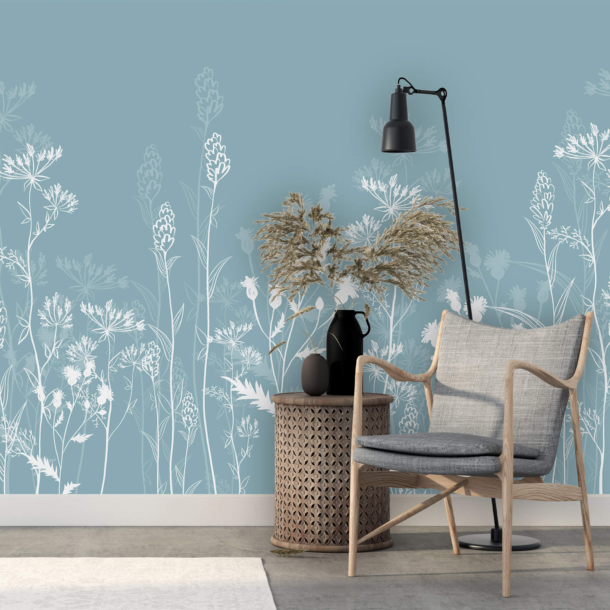 Flores blancas sobre fondo azul