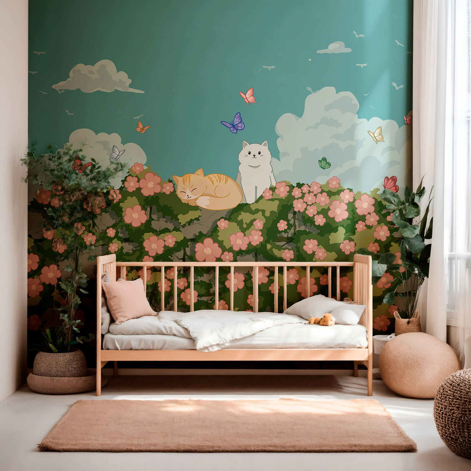 Dibujo de gatos y mariposas en un arbusto