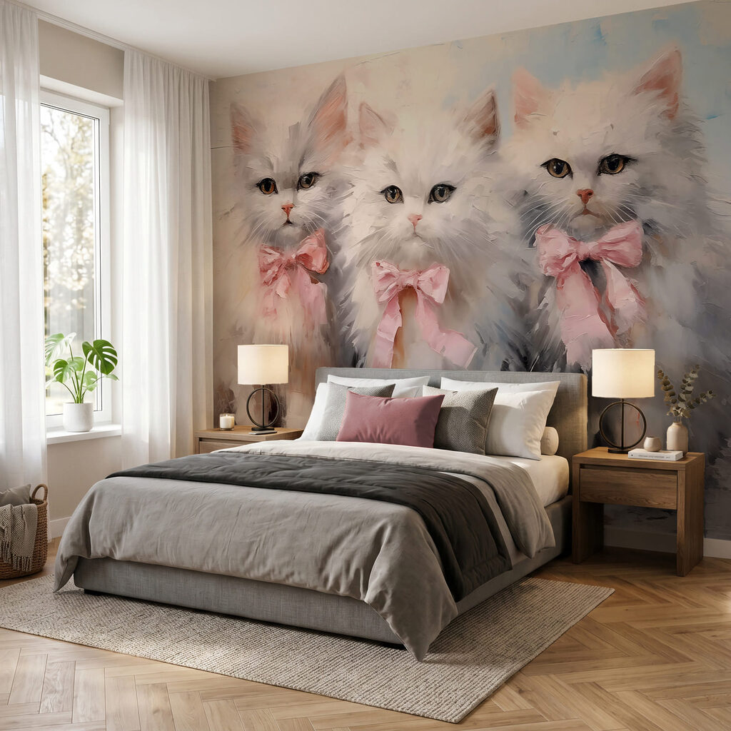 Grupo de gatos blancos con lazos rosas