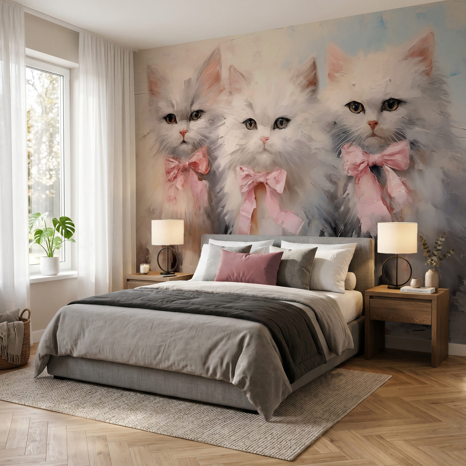 Grupo de gatos blancos con lazos rosas