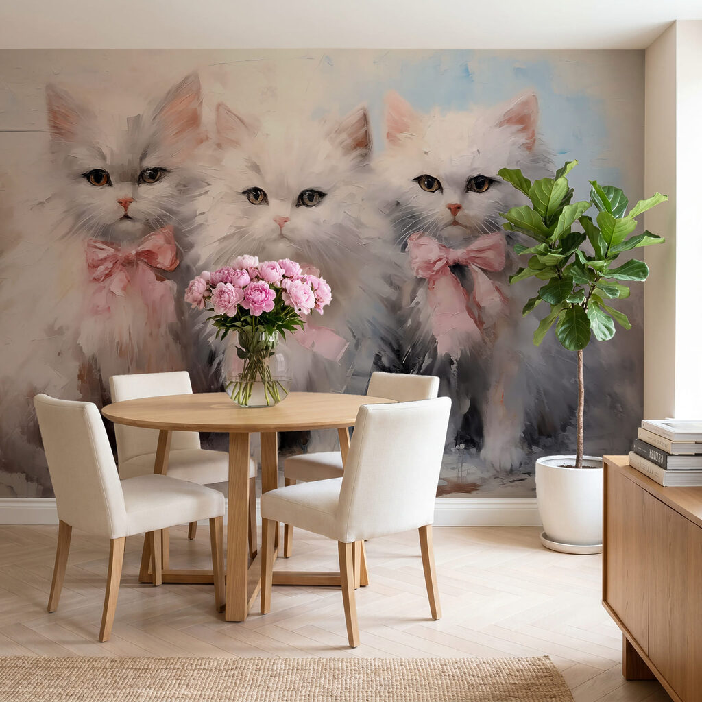 Grupo de gatos blancos con lazos rosas