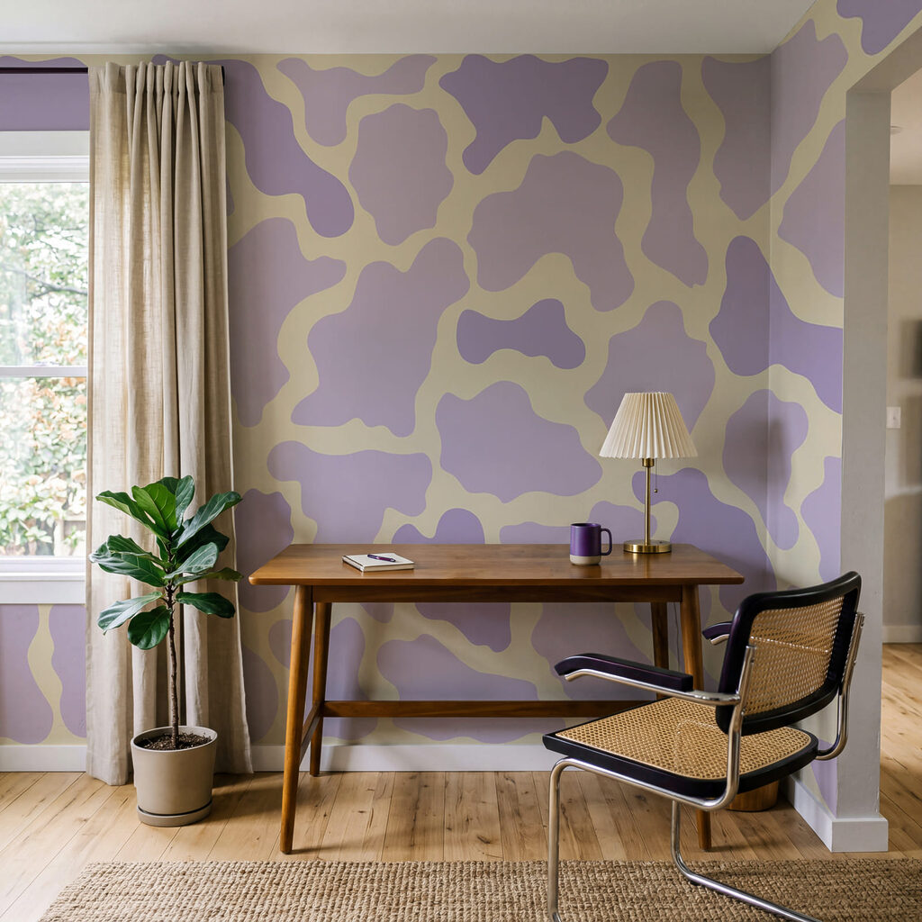 Estampado de vacas en morado y amarillo