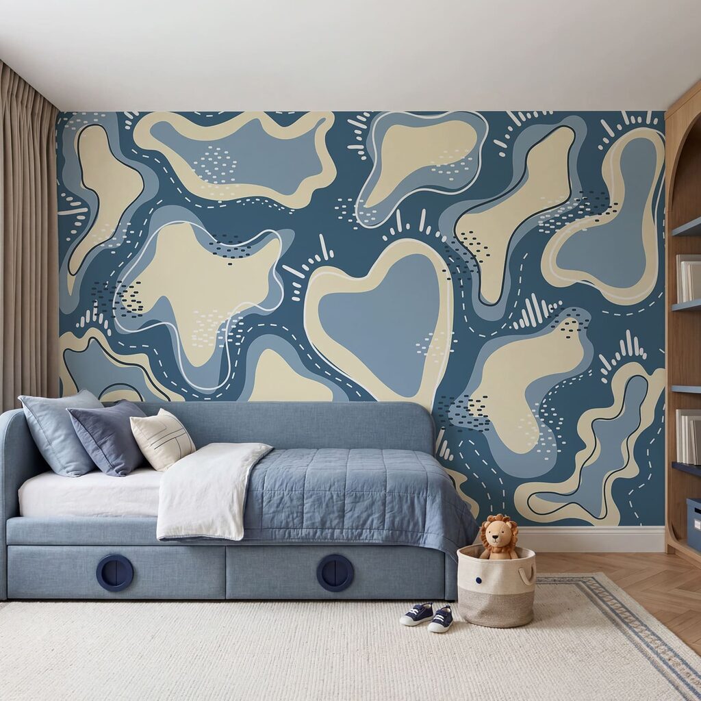 Fondo azul y blanco con formas blancas y amarillas
