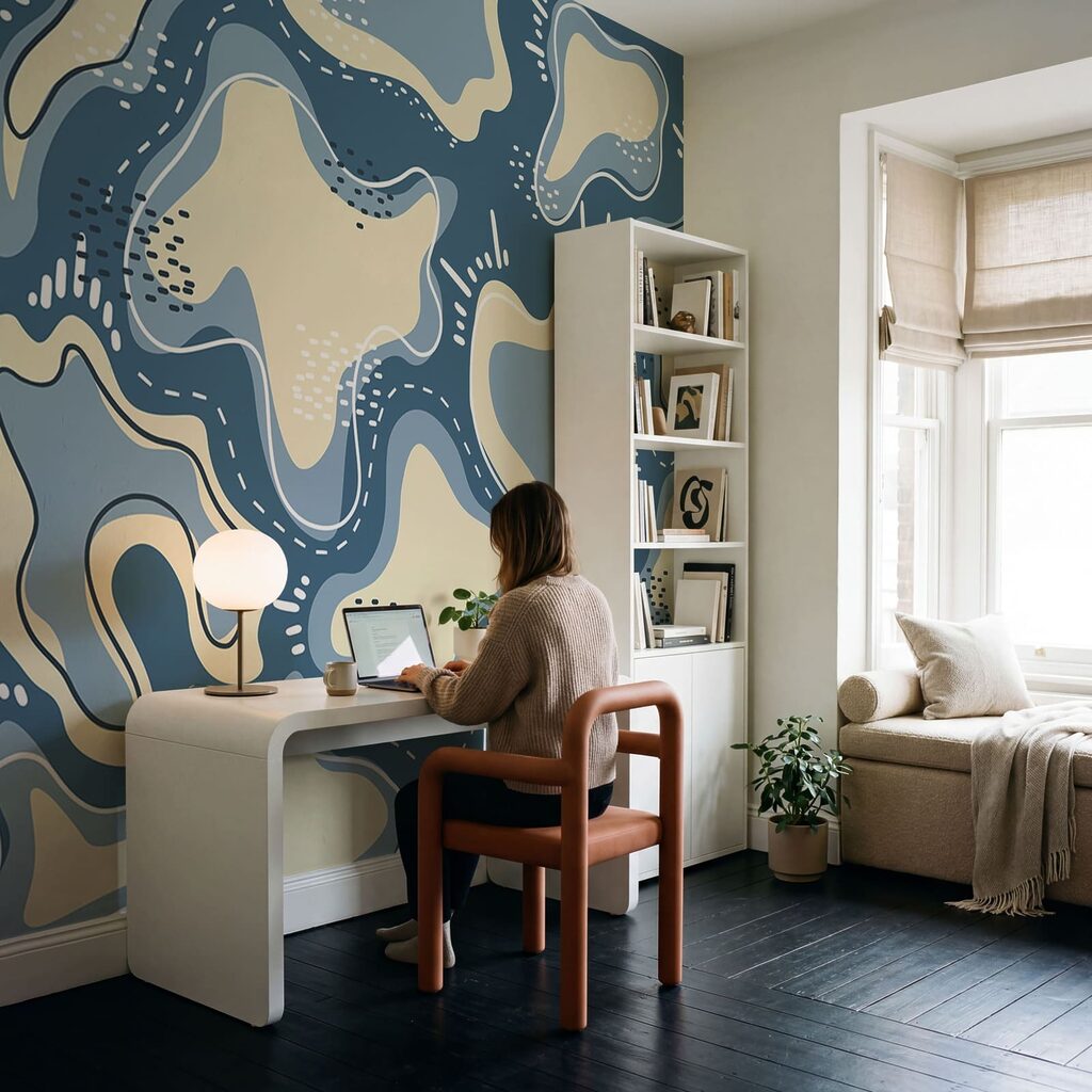 Fondo azul y blanco con formas blancas y amarillas