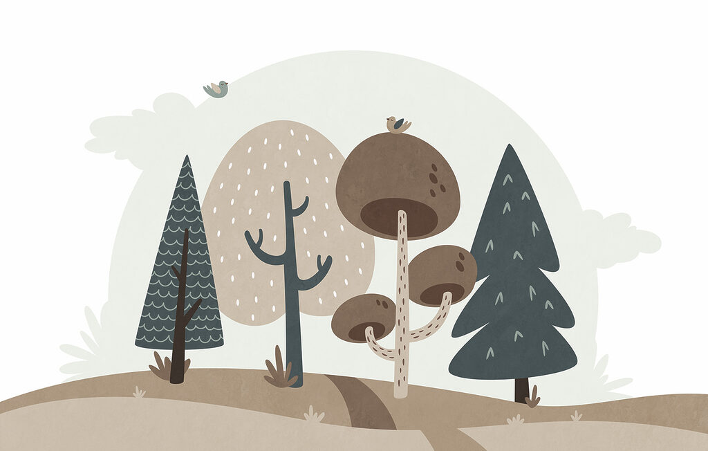 Cartoon of trees and a bird