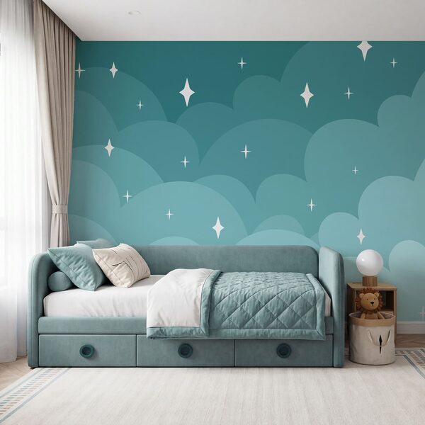 Cielo azul con nubes y estrellas