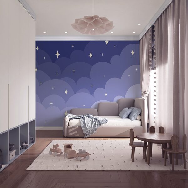 Cielo azul con nubes blancas y estrellas