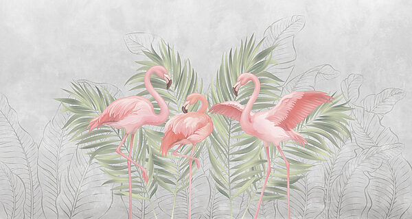 Group of pink flamingos with green leaves Group of pink flamingos with green leaves