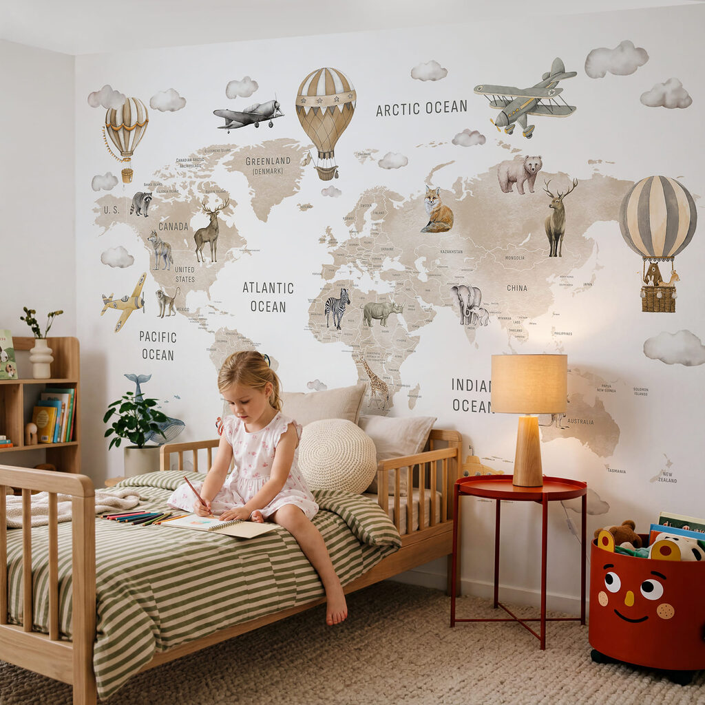 Mapa del mundo con animales y globos aerostáticos Mapa del mundo con animales y globos aerostáticos