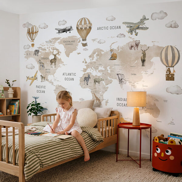 Mapa del mundo con animales y globos aerostáticos Mapa del mundo con animales y globos aerostáticos