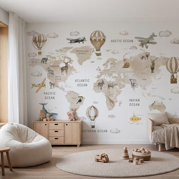 Mapa del mundo con animales y globos aerostáticos Mapa del mundo con animales y globos aerostáticos