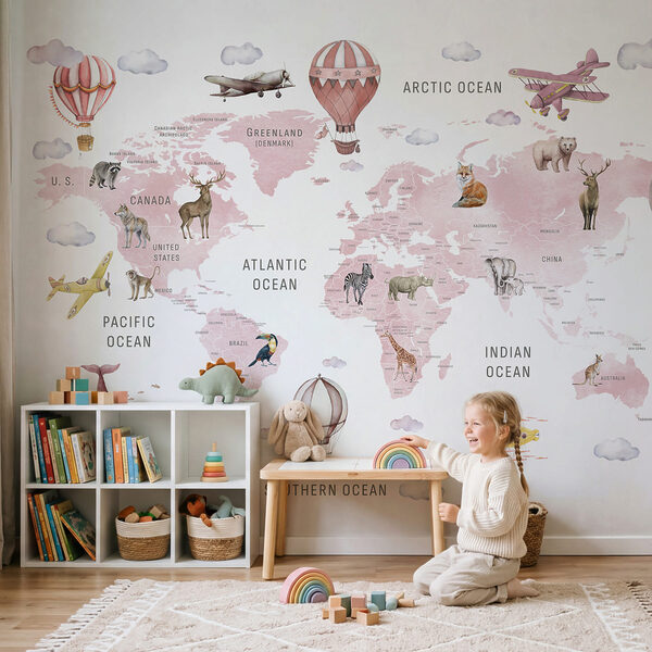 Mapa del mundo con animales y aves