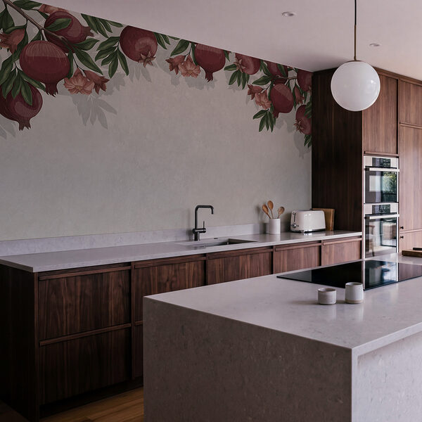 Papel pintado con un estampado de frutos rojos y flores Papel pintado con un estampado de frutos rojos y flores